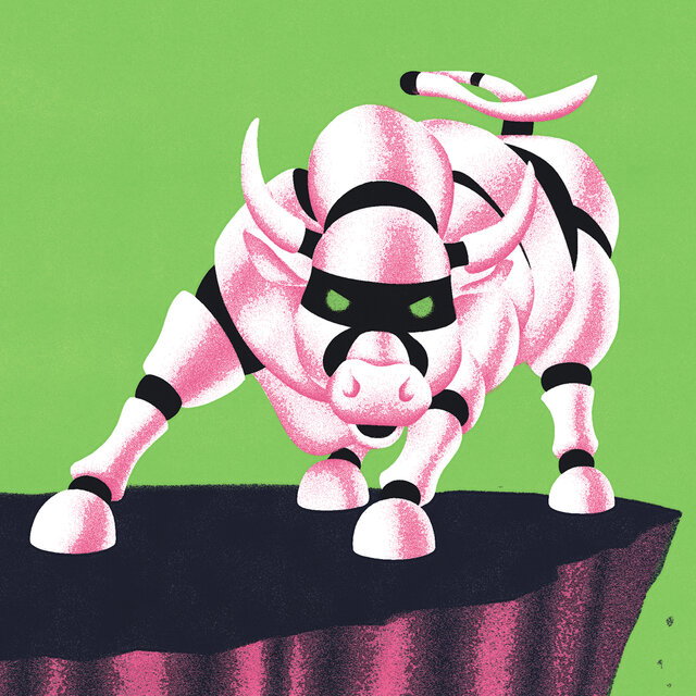 An illustration with a green background shows the Wall Street bull in pink with black bindings. The bull is dangerously close to the edge of a cliff.