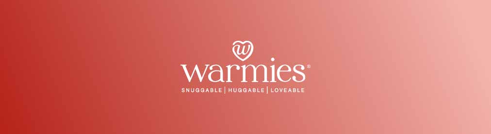 Warmies logo in white against a red background. Shop Warmies.