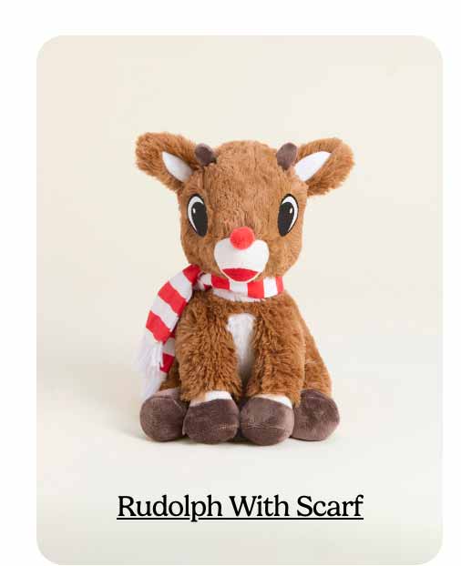 Rudolph With Scarf Warmies on a beige background. Shop Now