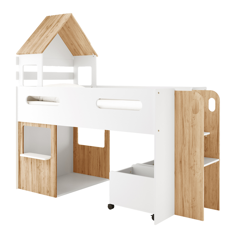 Robin Curved Loft Bed with Storage Box in White & Natural