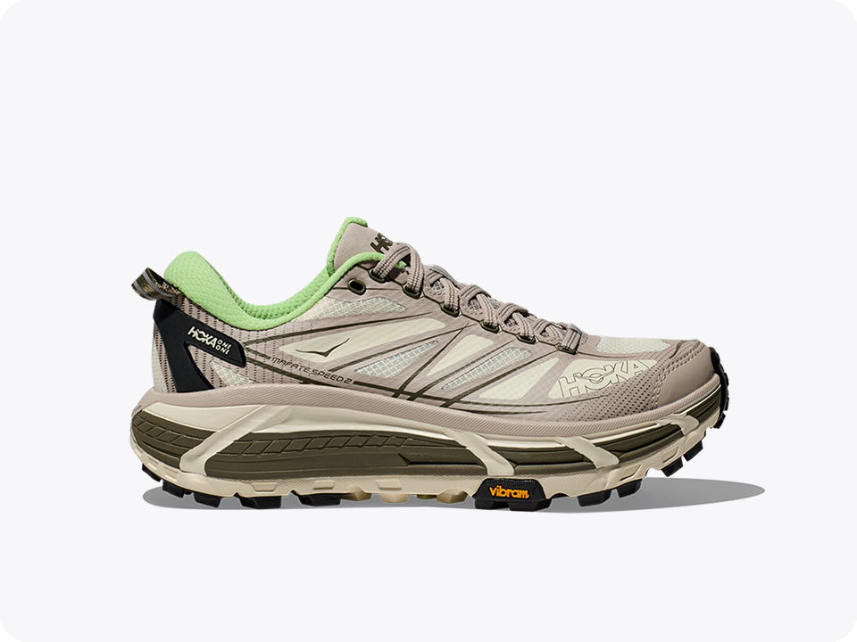 An image of the Mafate Speed 2 lifestyle shoe from the side in Putty / Eucalyptus.