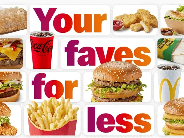 A collage of McDonald's favourites. Bold text reads 'Your faves for less'.