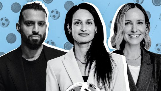 Ahmed Iqbal, Radhika Duggal and Whitney Bell in a photo montage with soccer balls and basketballs in the background