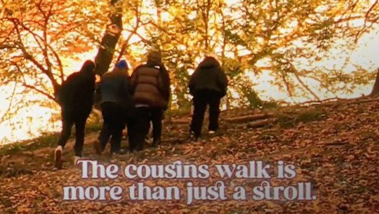 A group of people walk up a leaf-covered hill
