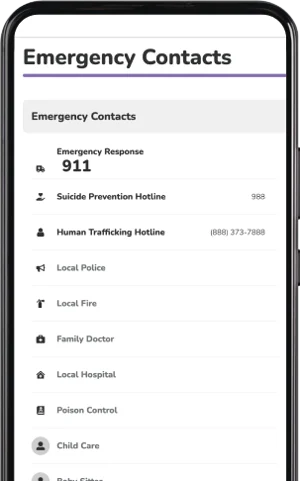 Photo of a phone displaying Emergency Contacts on a Troomi phone