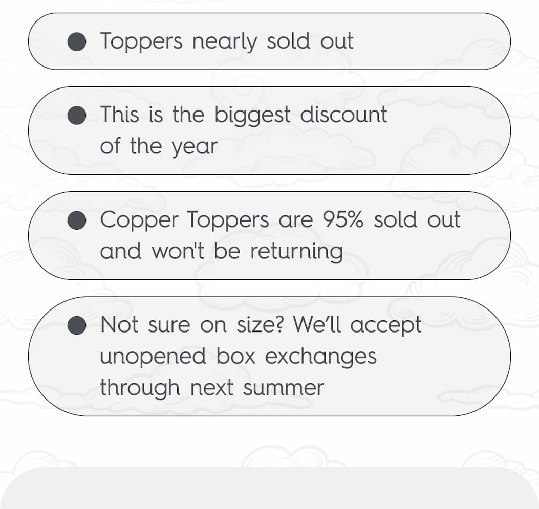 Toppers nearly sold out  --  This is the biggest discount of the year  --  Copper Toppers are 95% sold out and won't be returning  --  Not sure on size? We’ll accept unopened box exchanges through next summer