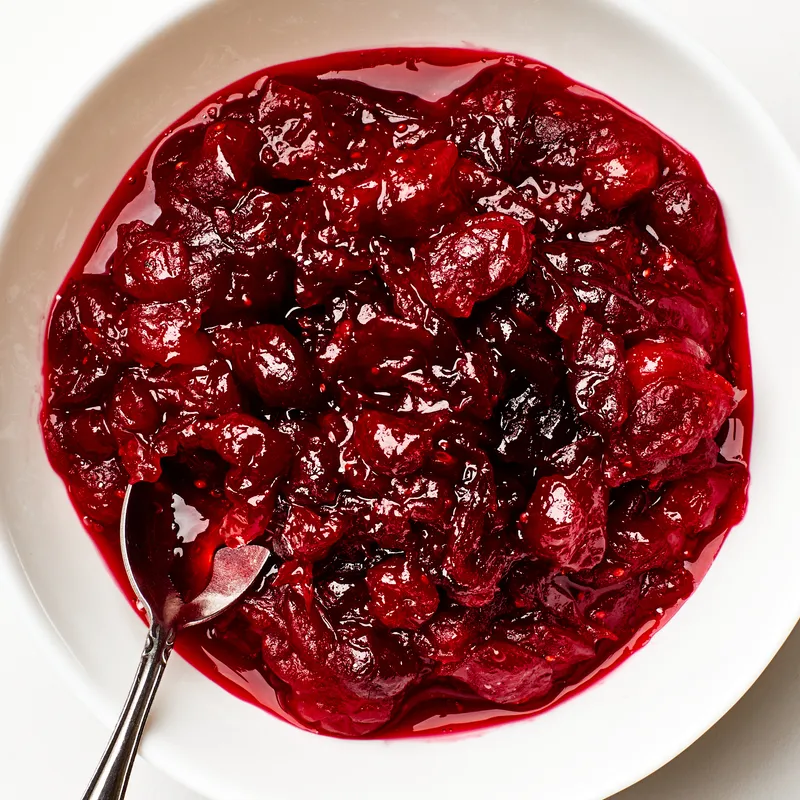 A white bowl with homemade cranberry sauce in it 