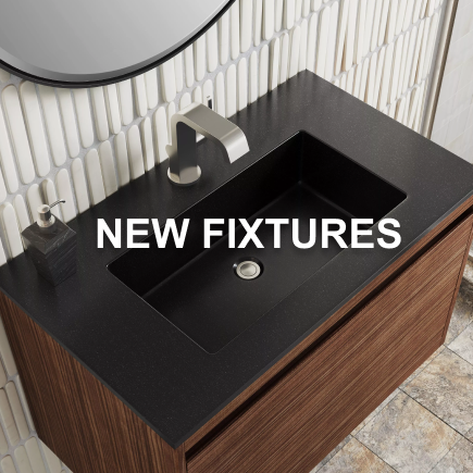 Text: New Fixtures Image: Vanity with brushed nickel hardware