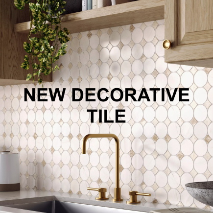 Text: New Decorative Tile Image: Kitchen with white marble-look geometric backsplash