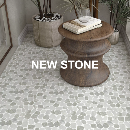 Text: New Stone Image: Bathroom sage pebble-look mosaic floor tile