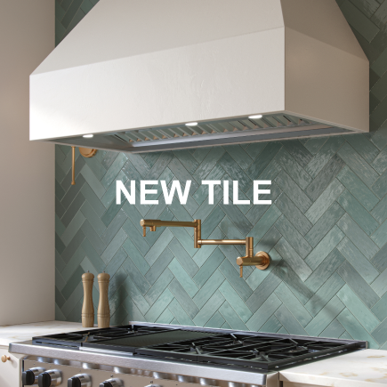 Text: New Tile Image: Kitchen backsplash with seafoam-colored herringbone zellige-look tile