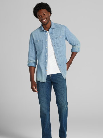 Man in light denim shirt and jeans.