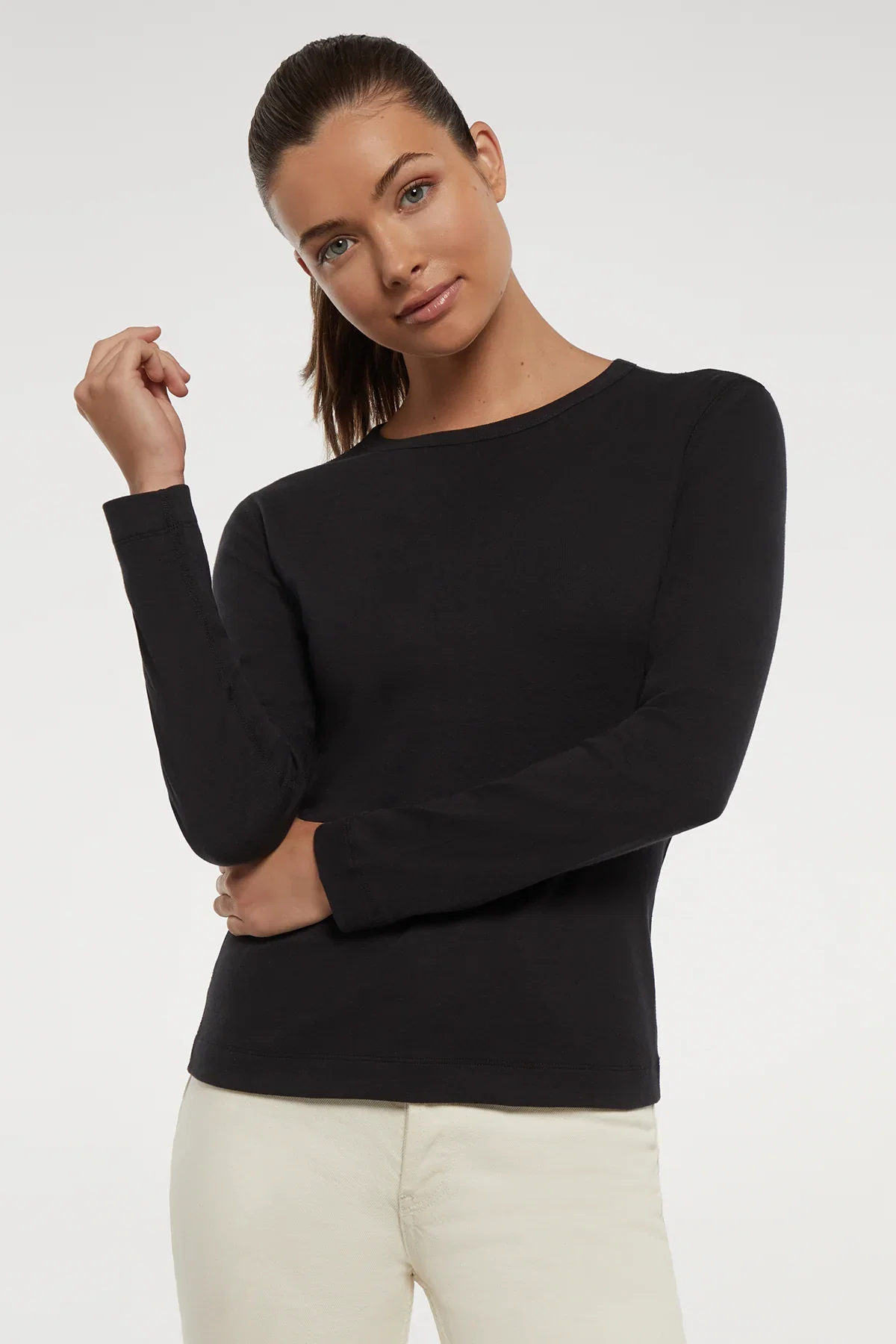 Image of Ribbed Crew-Neck Long Sleeve Tee | Black