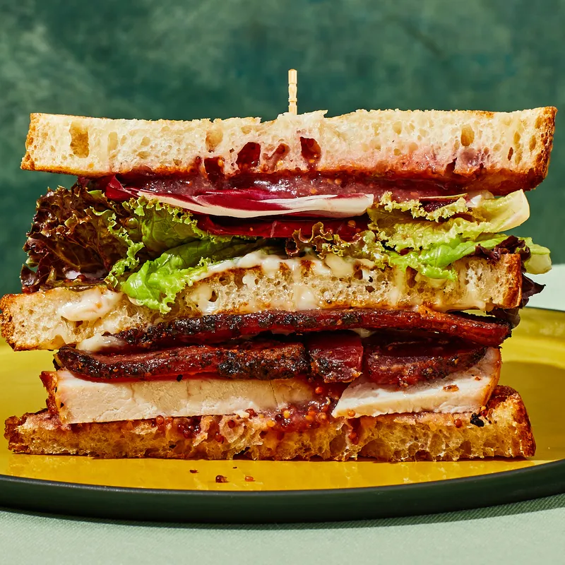 Close-up of a cross-section of a sandwich. 