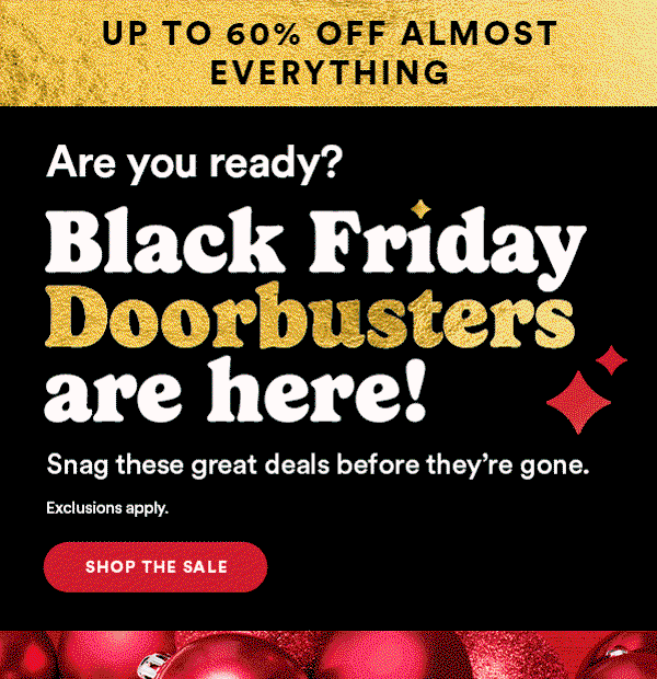 Are you ready? Black Friday Doorbusters are here! Snag these great deals before they're gone. Exclusions apply. SHOP THE SALE
