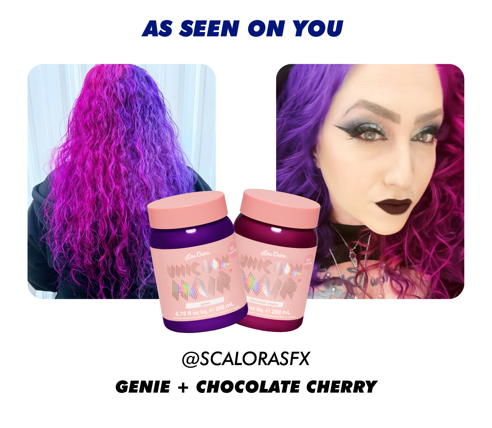As Seen on You | @scalorasfx wearing Unicorn Hair Full Coverage in Genie + Chocolate Cherry