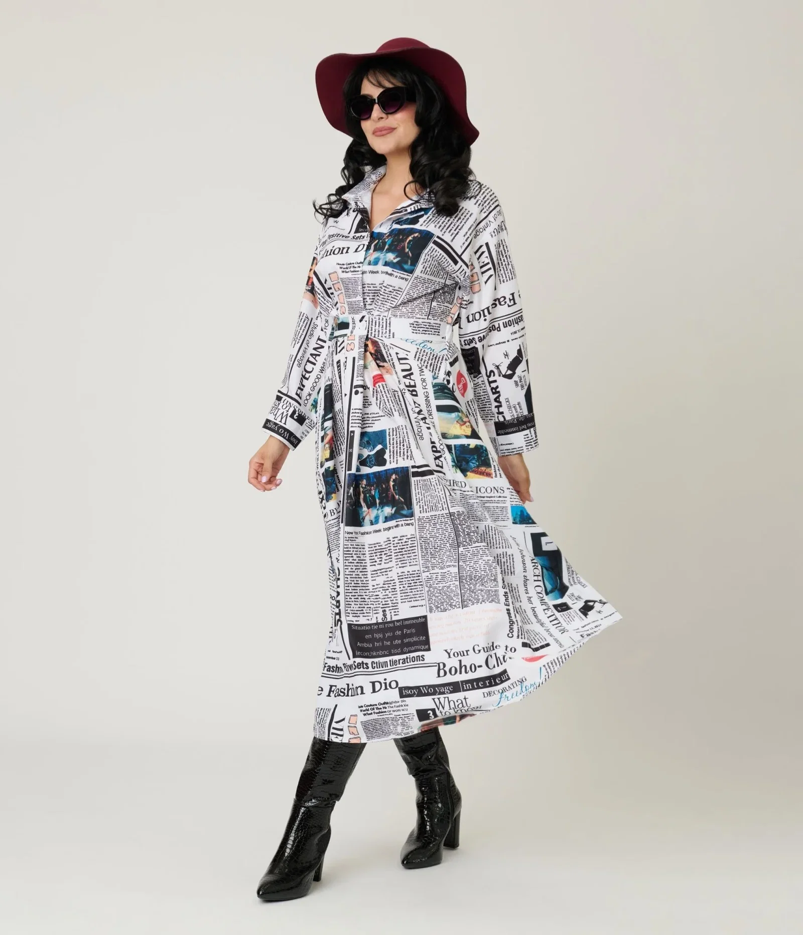 Image of Black & White Fashion Magazine Print Midi Dress