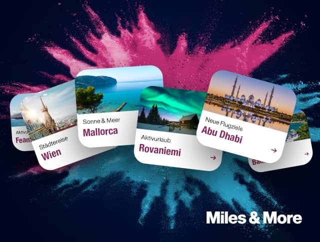 Promotional graphic featuring several holiday postcards to destinations such as Vienna, Mallorca, Rovaniemi, and Abu Dhabi against a colored background. Secure your Cash & Miles advantage now.
