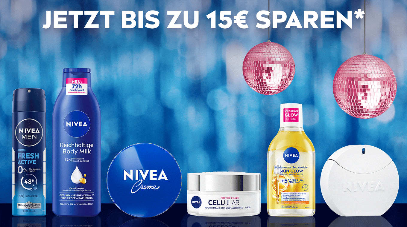 NIVEA Produkte vor blauem Disco-Hintergrund: NIVEA MEN Deo, Reichhaltige Body Milk, NIVEA Creme, Expert Filler Cellular Tagespflege, Skin Glow Mizellenwasser, NIVEA Eau de Toilette – jetzt bis zu 15 €* sparen.