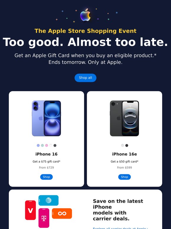 ⏰ Don’t miss out on an Apple Gift Card with purchase.