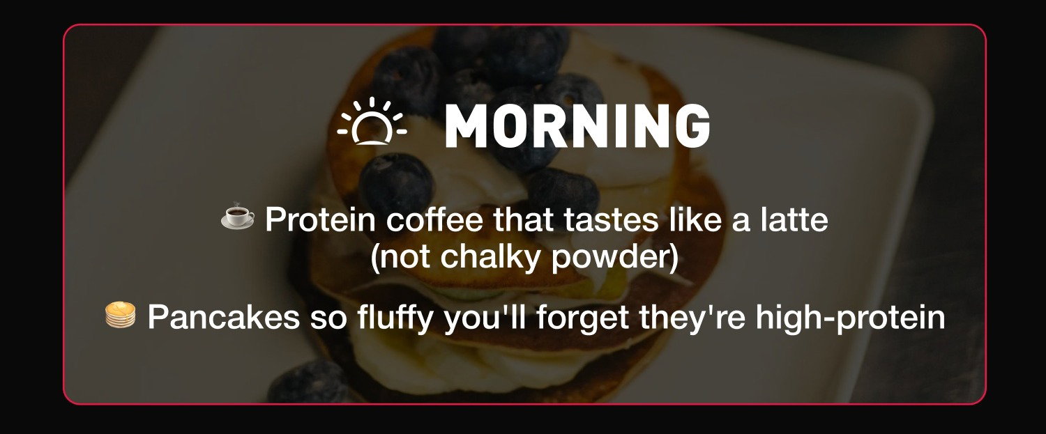 MORNING: ☕ Protein coffee that tastes like a latte (not chalky powder) 🥞 Pancakes so fluffy you'll forget they're high-protein