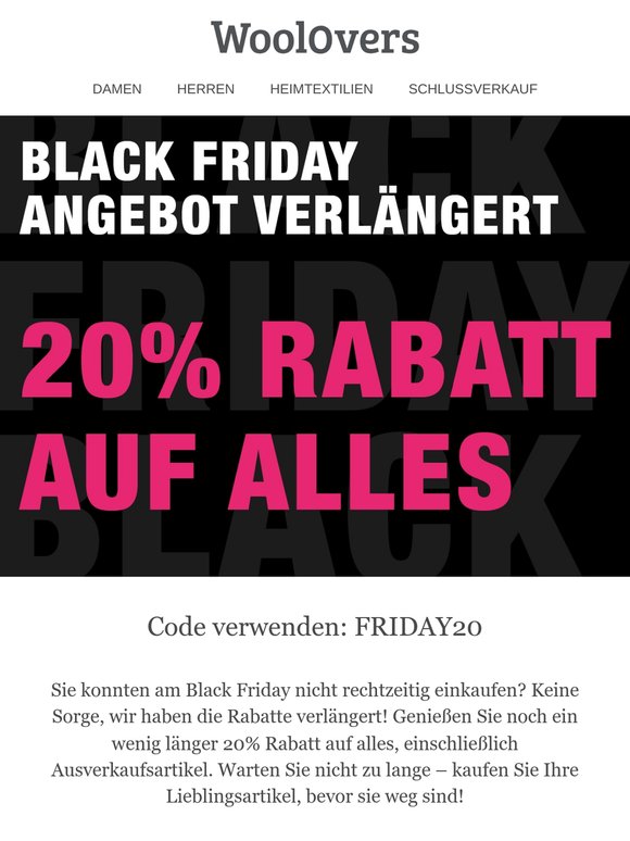 Einen Rabatt WoolOvers: Noch einen Tag lang 20% Rabatt auf alles. Verlängert bis ...