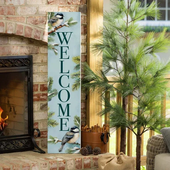 Holiday Poinsettia Chickadee Bird Porch Leaner, "Welcome", 46"H