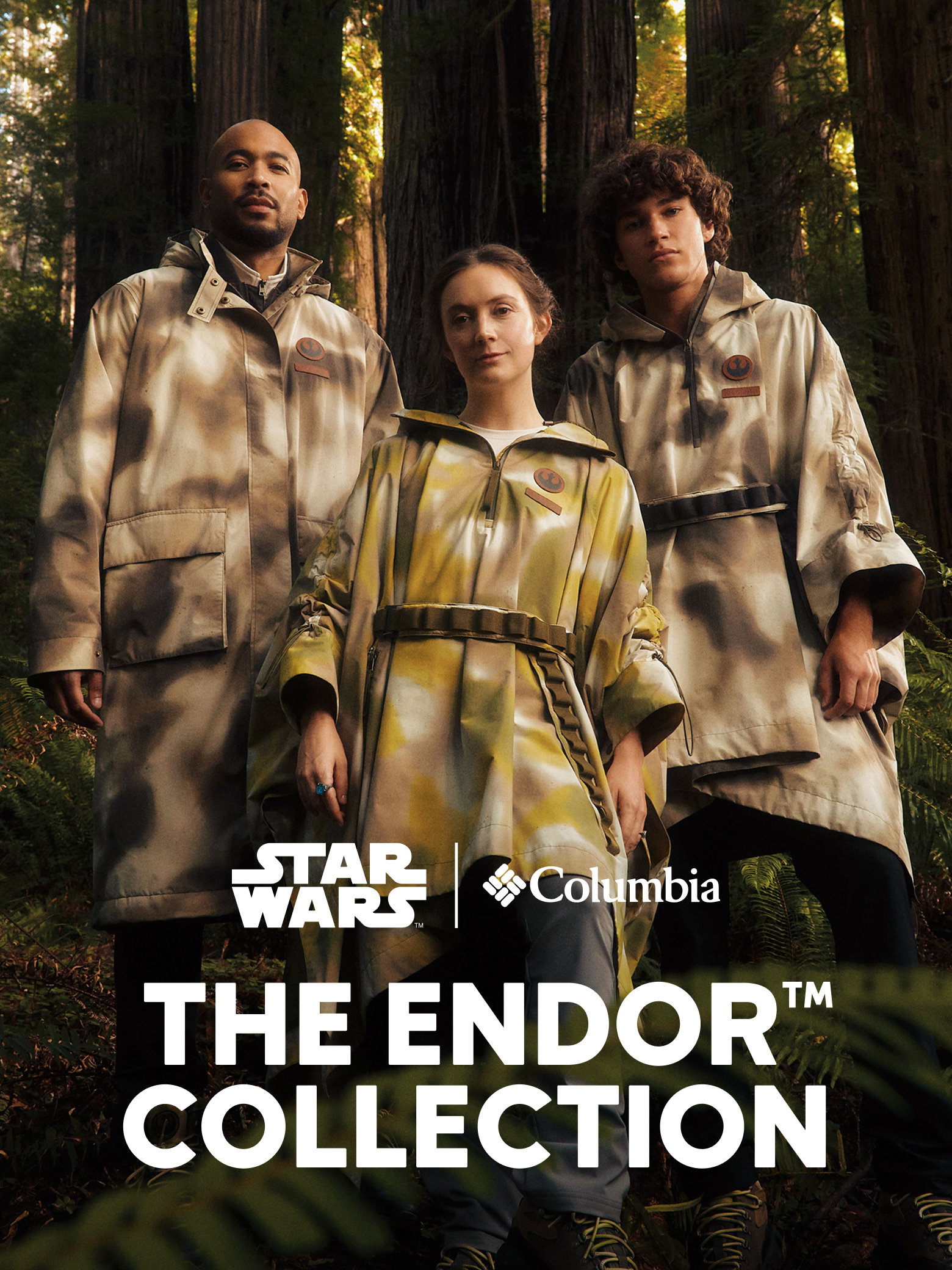 Woman and men in a forest wearing Endor Collection gear. Star wars and Columbia logos.