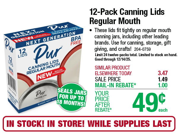 12-Pack Canning Lids Regular Mouth - ONLY 49¢ After Rebate*!