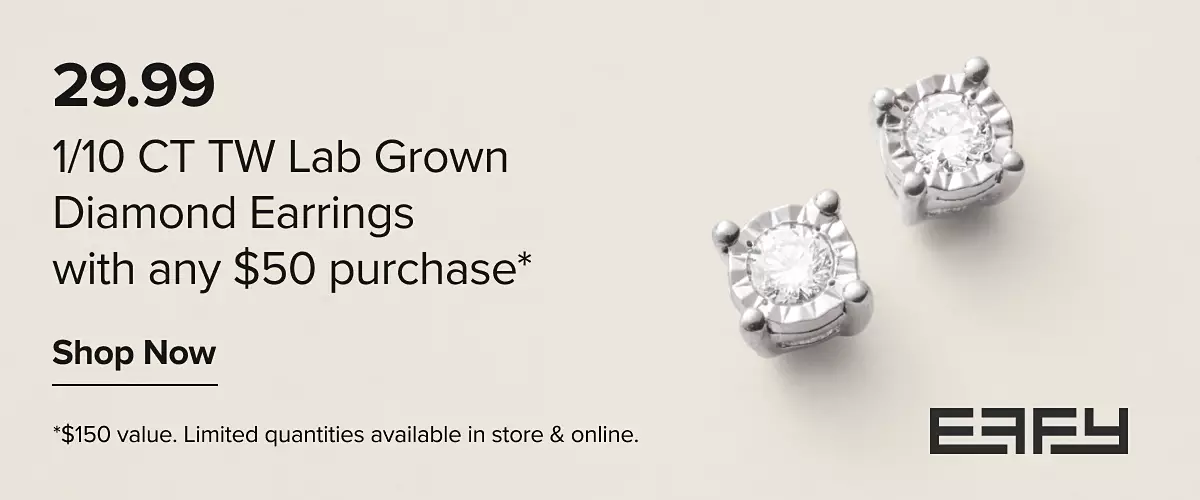 Effy 29.99 1/10 CT TW lab grown diamond earrings with any $50 purchase. Shop now. $150 value. Limited quantities available in store and online. A pair of earrings.