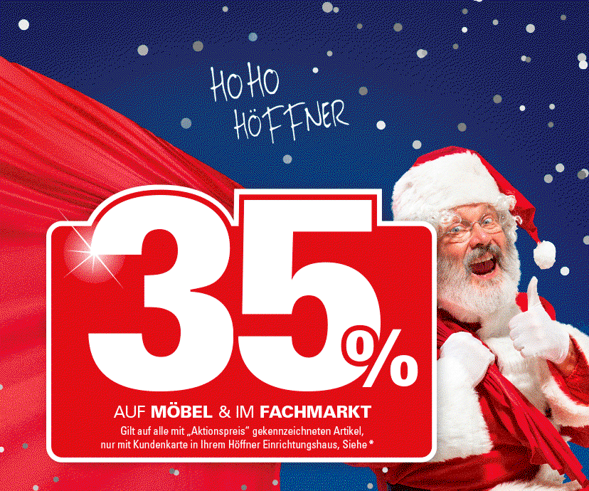 Headergrafik mit einem lachenden Weihnachtsmann, der den Daumen hochhält, vor blauem Hintergrund mit fallendem Schnee. Im Vordergrund steht die Zahl '35 %' in Weiß auf einem roten Feld. Oben rechts steht der Text 'HO HO HÖFFNER'