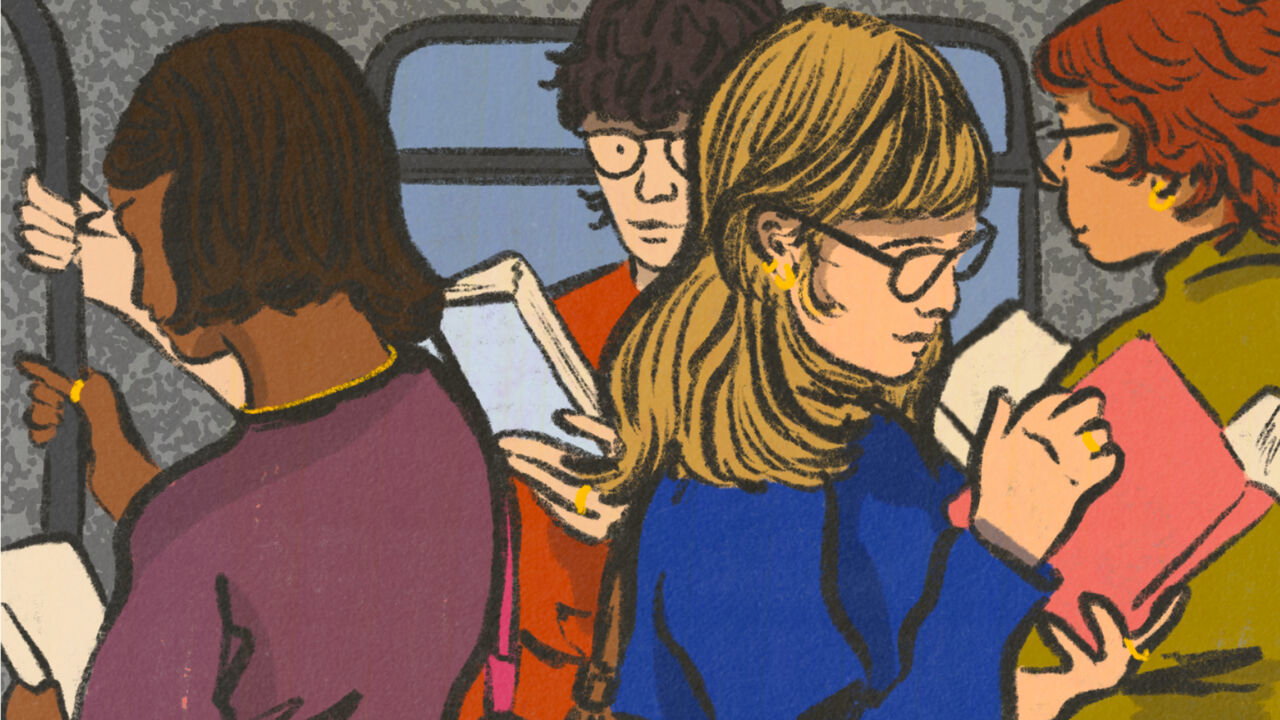 An illustration of people standing on a subway train reading books.