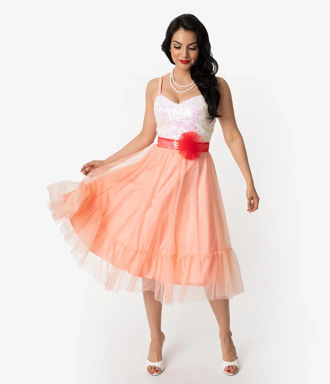 Image of Barbie x Unique Vintage Peaches N Cream Chiffon Dress