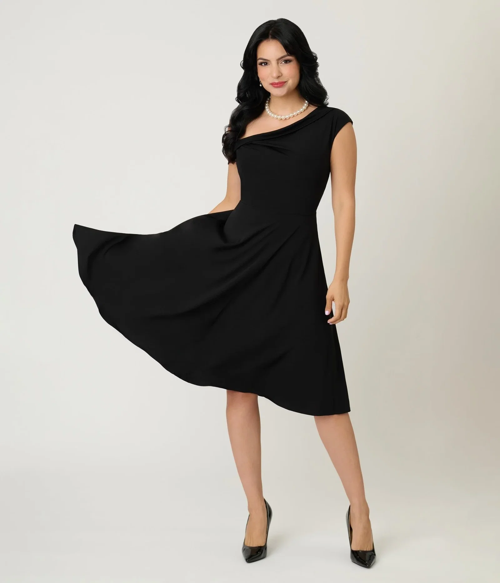 Image of Unique Vintage Black Asymmetrical Neck Swing Dress