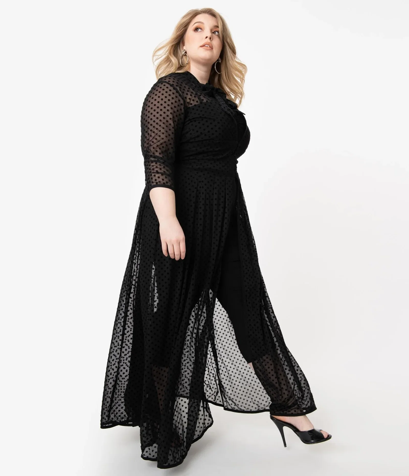 Image of Unique Vintage Plus Size Black Swiss Dot Starlet Duster