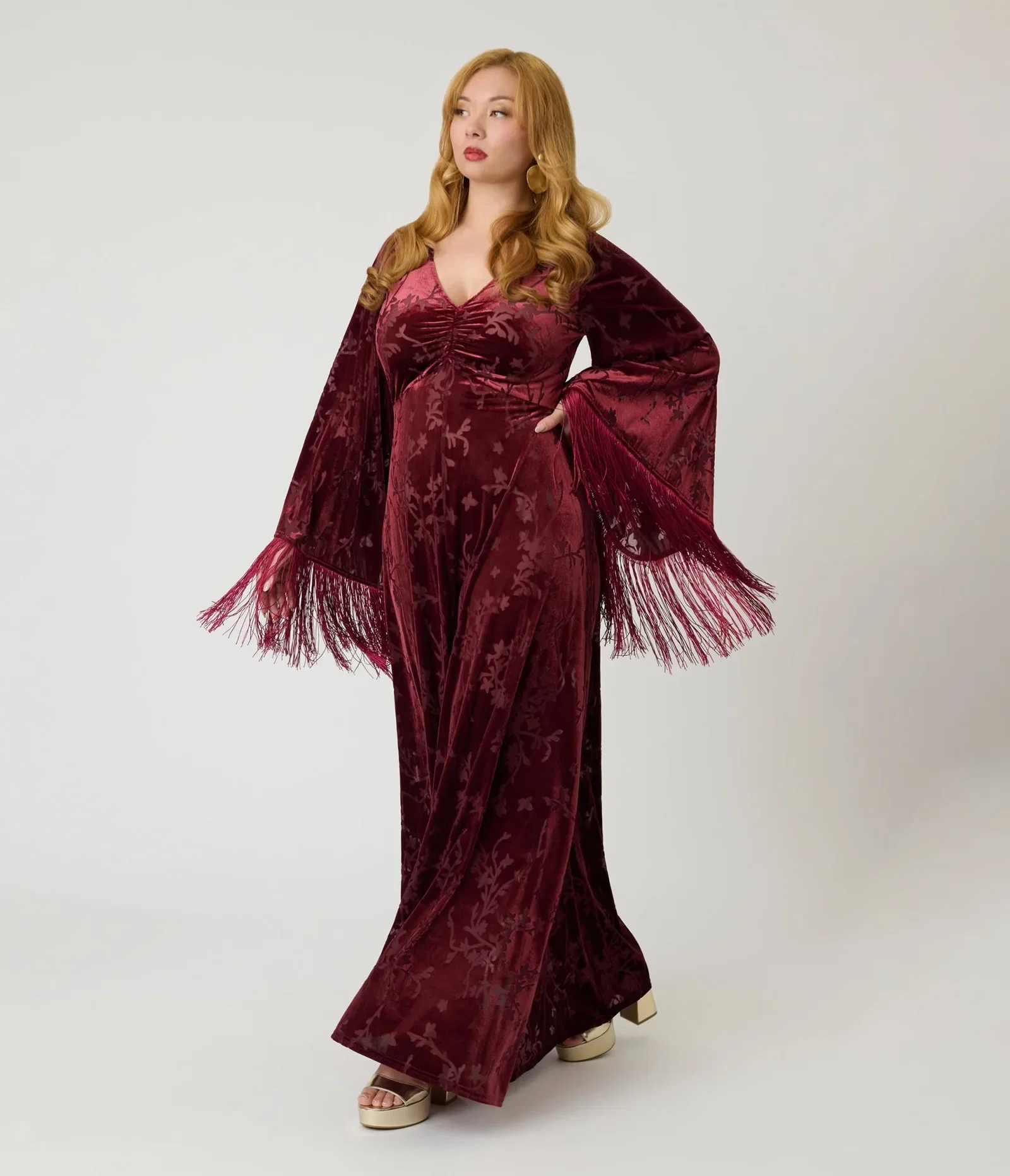 Image of Smak Parlour Raspberry Velvet Burnout Fringe Sleeve Stevie Maxi Dress