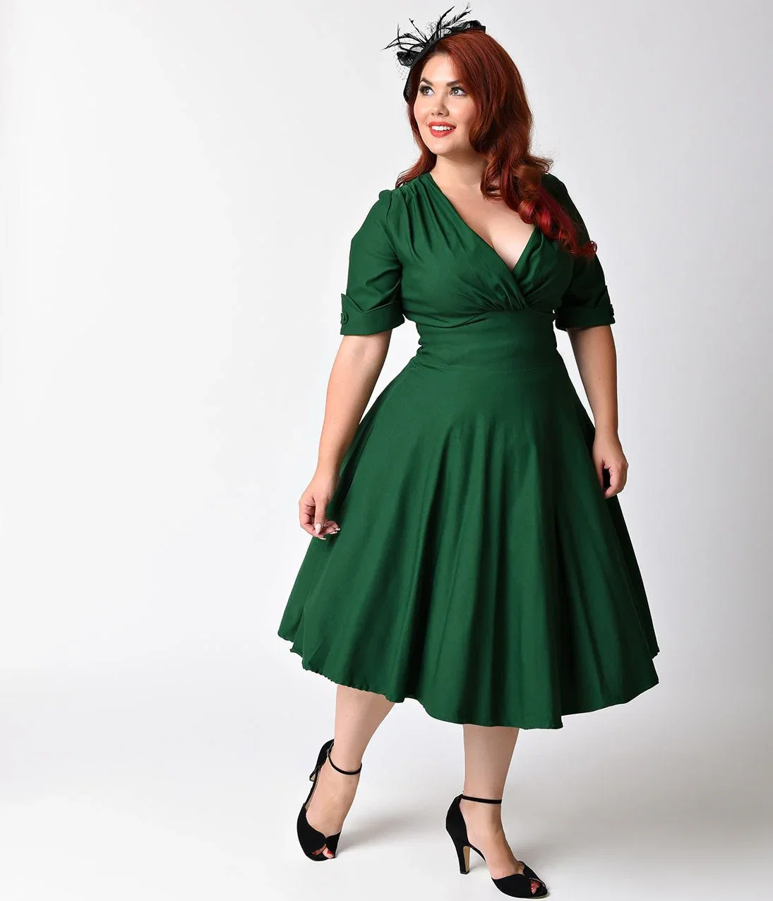 Image of Unique Vintage Plus Size Emerald Green Delores Swing Dress with Sleeves