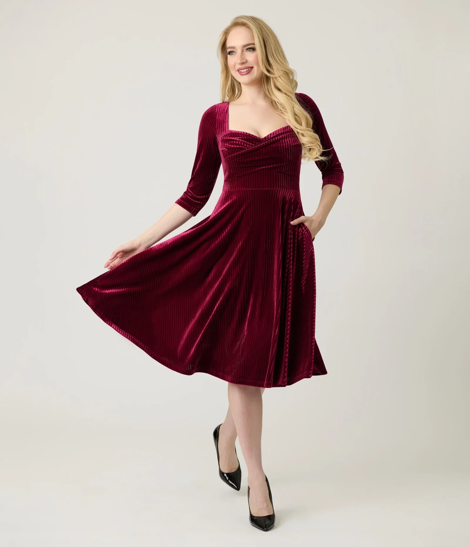 Image of Unique Vintage Merlot Striped Velvet Pleated Bust Swing Dress