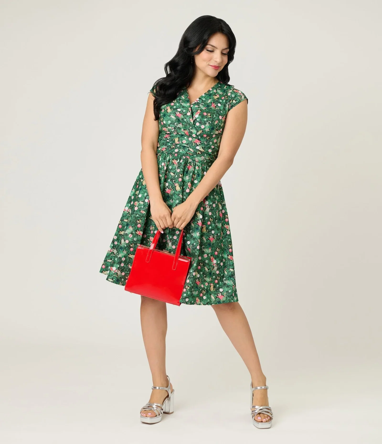 Image of Retrolicious Christmas Tree Cat Cotton Swing Dress