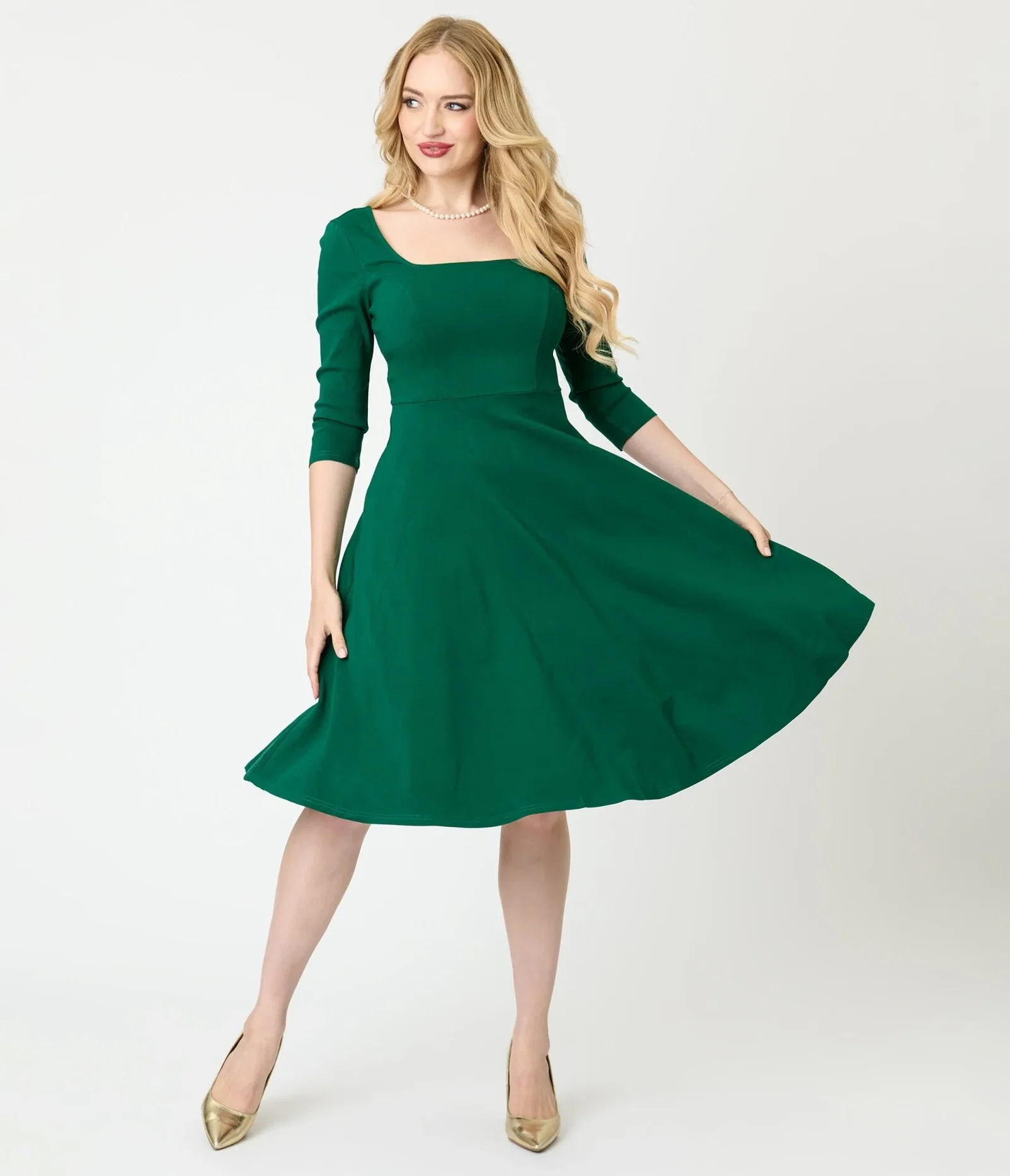 Image of Unique Vintage Green Square Neck Swing Dress