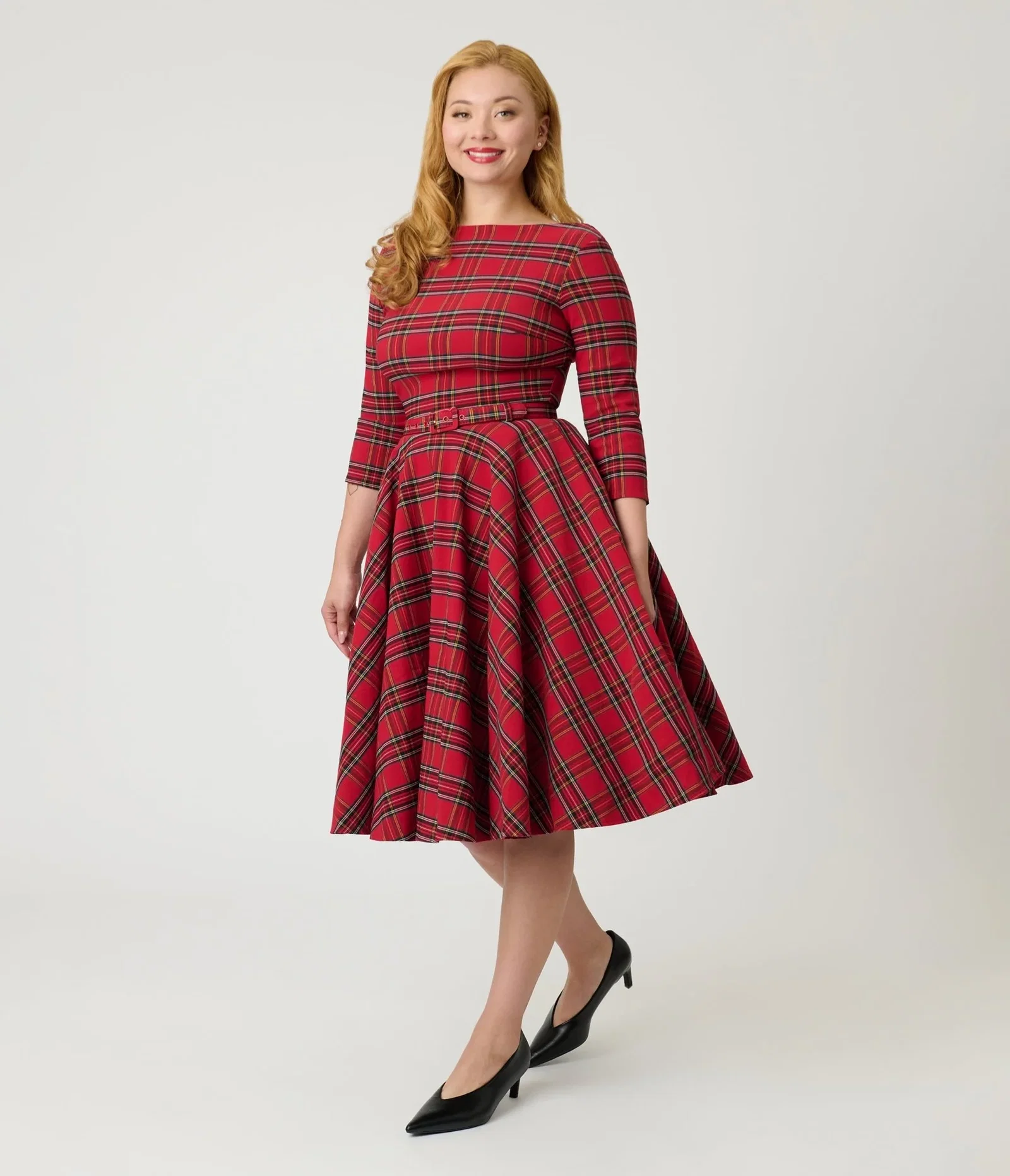 Image of Unique Vintage Red Plaid Sleeved Devon Swing Dress