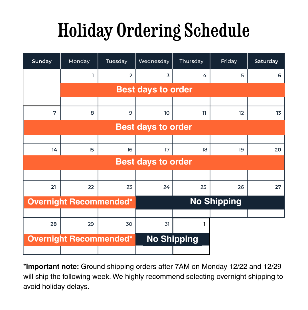 Holiday Order Schedule, Best days to ship are to order before 7 am Monday on 12/22 and 12/29 for Christmas and New Year respectively.
