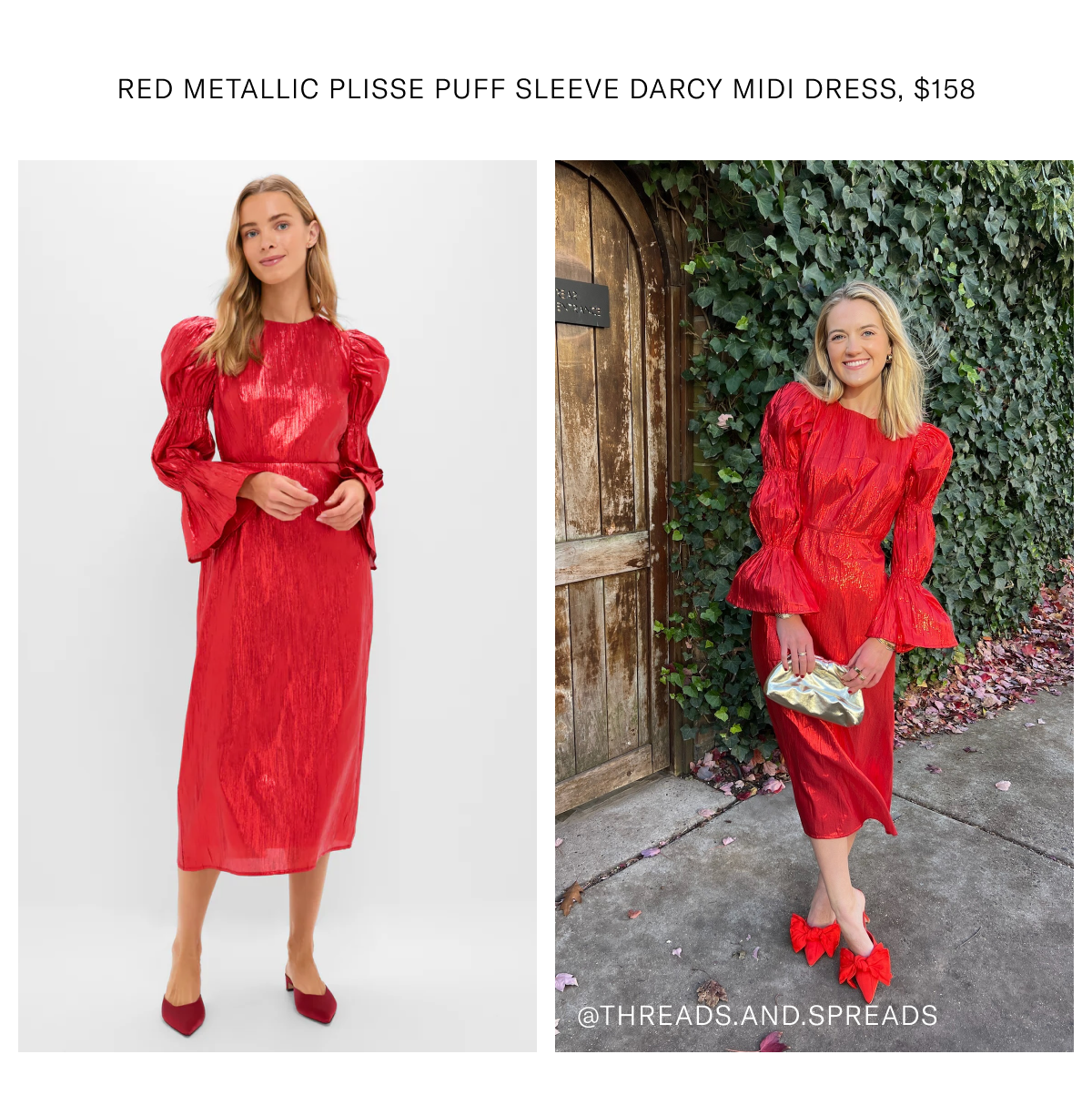 Red Metallic Plisse Puff Sleeve Darcy Midi Dress, $158.