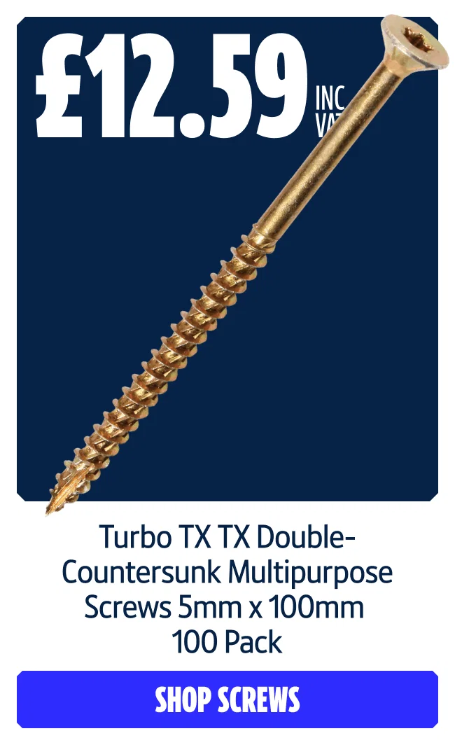 £12.59 INC VAT  Turbo TX TX Double-Countersunk Multipurpose Screws 5mm x 100mm 100 Pack  SHOP SCREWS