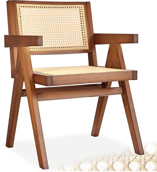 Image of Houten Stoel Lizzy met Armleuning - Donker Eiken - Eetkamerstoel met Weens Vlechtwerk - Boho-Stijl 