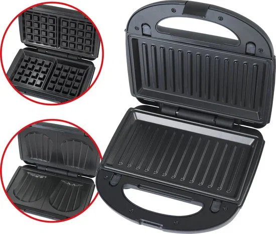 Image of Bourgini MultiGrill 3-in-1 – Tosti apparaat, Grill & Wafel ijzer – PFAS-vrij – Verwisselbare platen – 750W