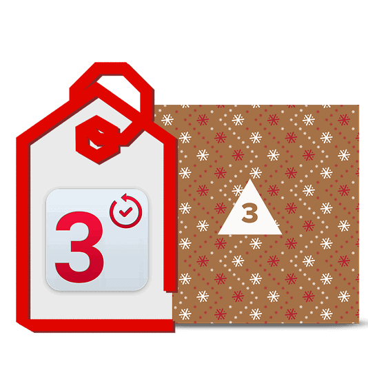 A red outline of a price tag containing a white icon with a large red "3" and a small red refresh icon, next to a brown decorative square with red and white snowflakes and a white triangle containing the number 3.
