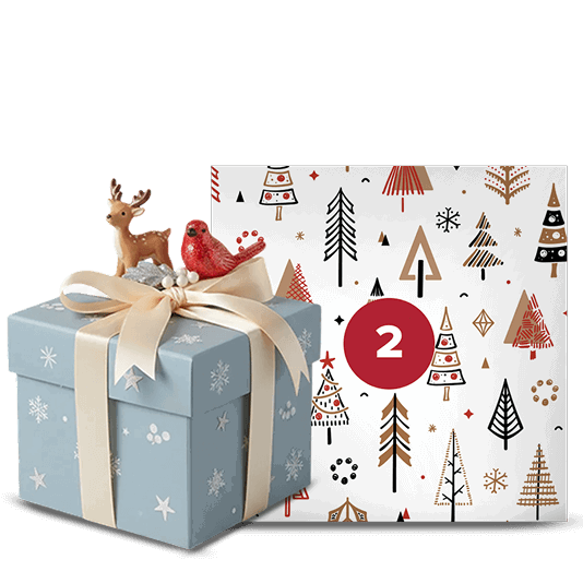 A festive gift box adorned with a reindeer and a cardinal figurine, positioned beside a decorative square featuring a repeating tree pattern and a number 2.