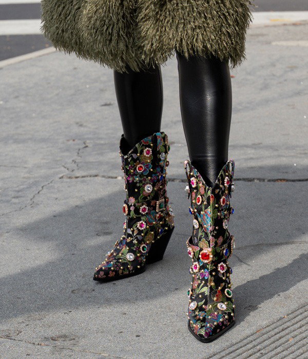 Azalea Wang Diligent Floral Brocade Stud and Jewel Ornamented Western Mid Calf Boot