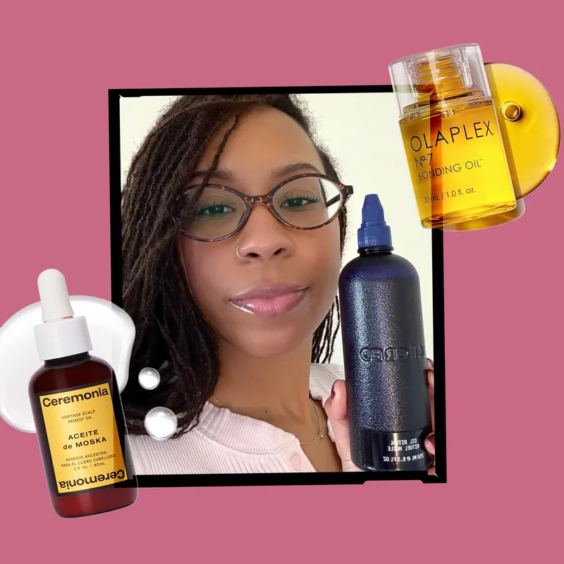 A photo of Allure contributor Jailynn Taylor holding a blue bottle of Cécred Oil Ritual in a black frame surrounded by Ceremonia and Olaplex hair oils on a pink background